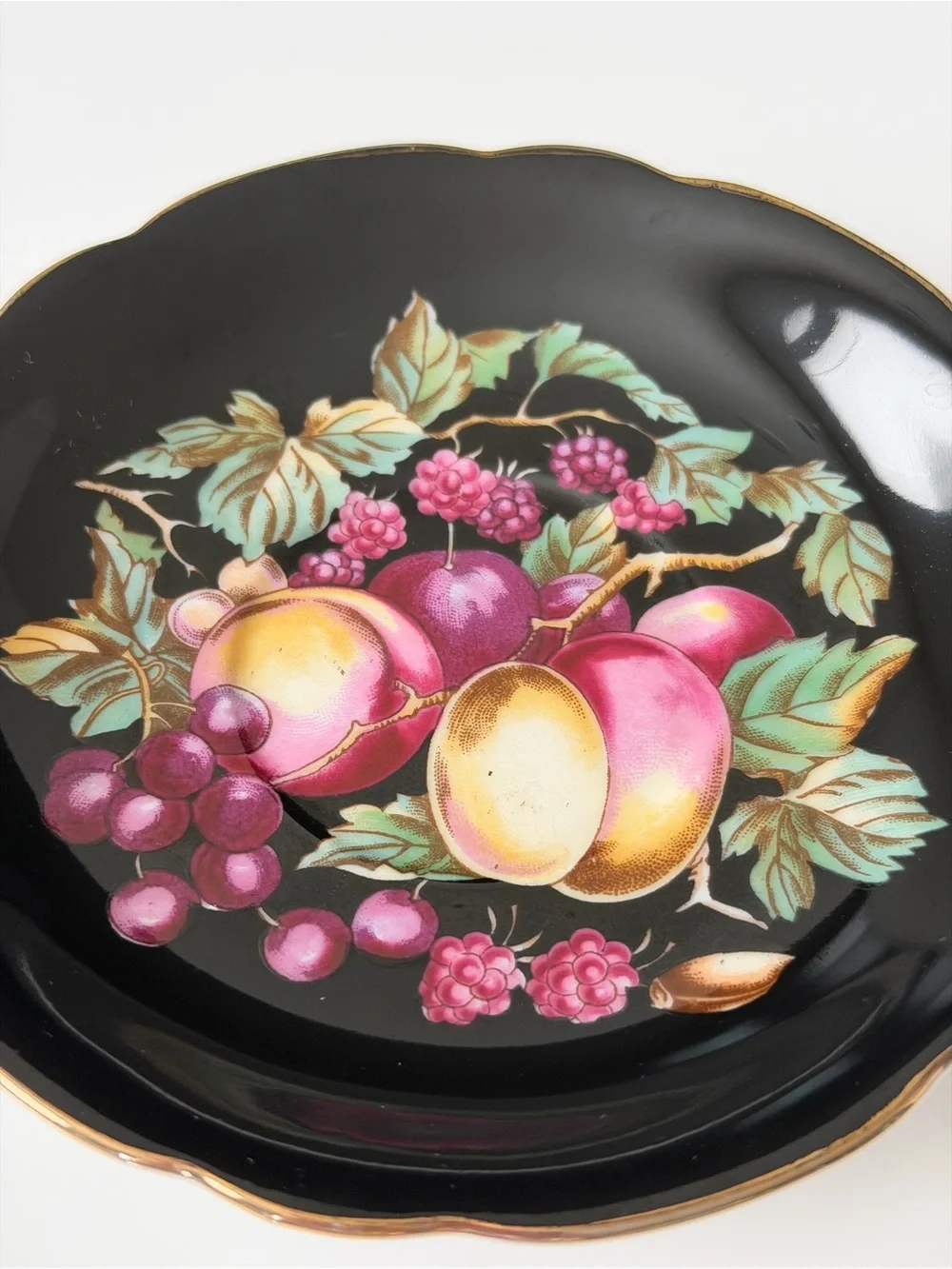 Japan Royal Sealy Vintage Porcelain Black & Gold Fruit Motif Teacup & Saucer Set